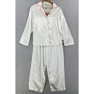 Victoria's Secret Loungewear Set Womens Small White Pink Trim Button Up Silky